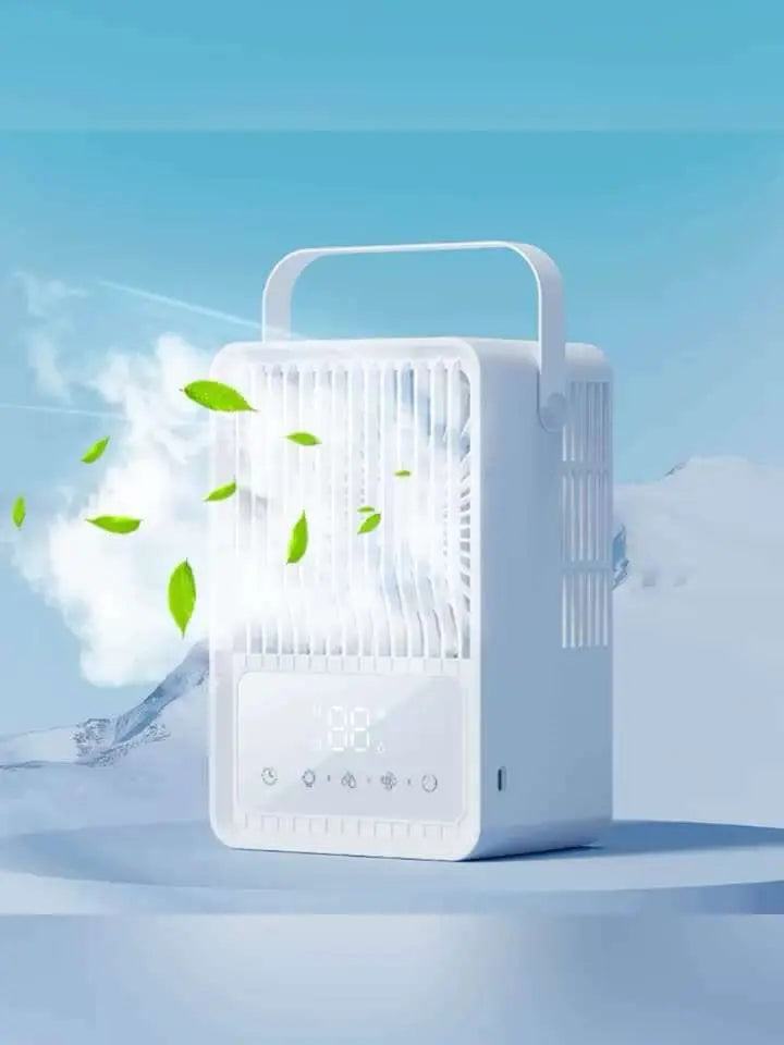 Portable air conditioner providing cooling solution for home, office, desk, and camping.