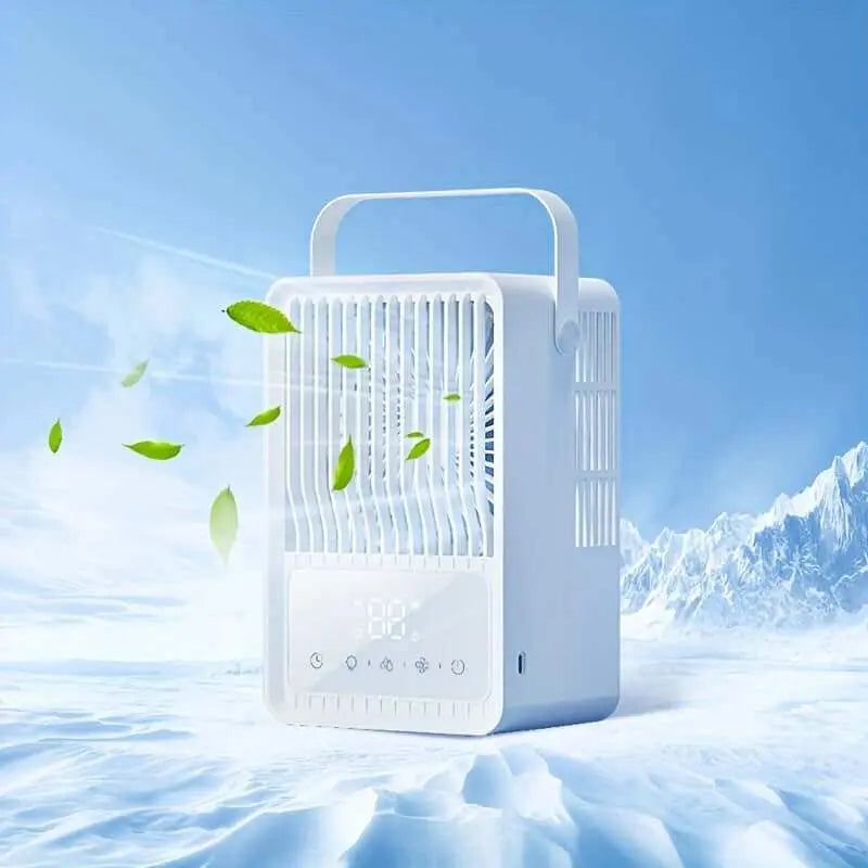 Portable air conditioner for personal spaces, ideal for home, office, or camping use.
