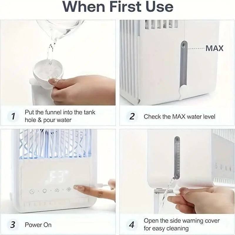 Instructions for first use of a portable air conditioner, including filling the water tank, checking water level, powering on, and cleaning.
