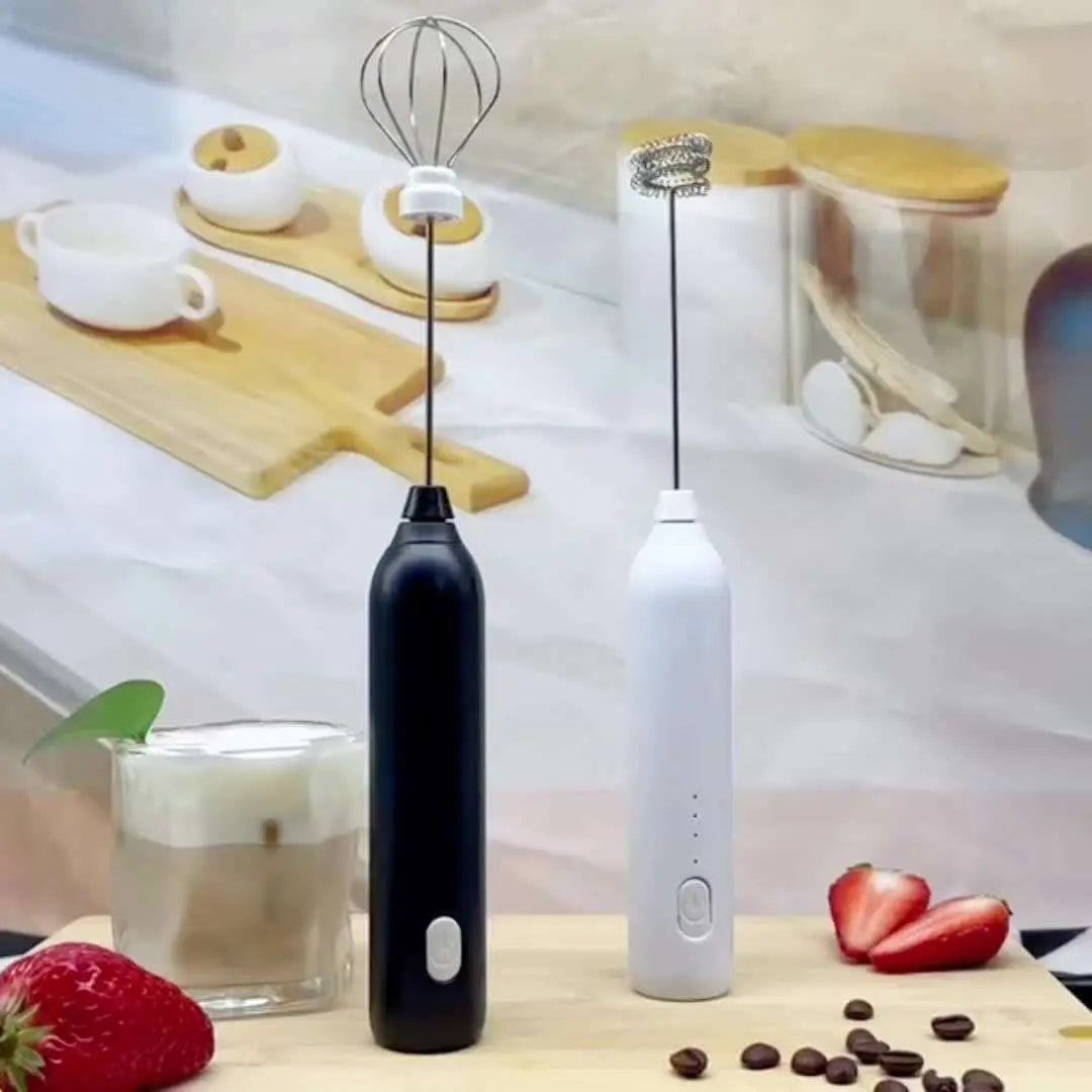 Portable rechargeable handheld electric blender with USB charging, ideal for smoothies and shakes.