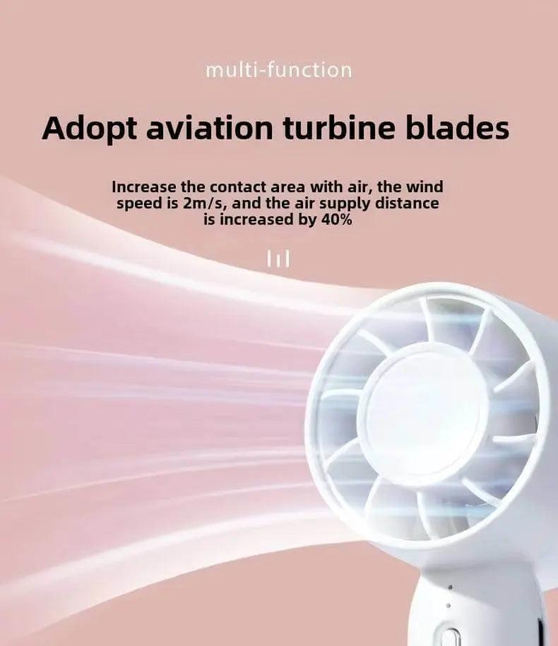 Portable mini fan with aviation turbine blades, enhancing airflow and efficiency.