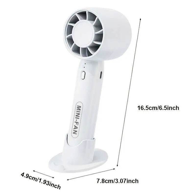 Portable mini fan USB rechargeable with polished finish, button control, and wearable design.