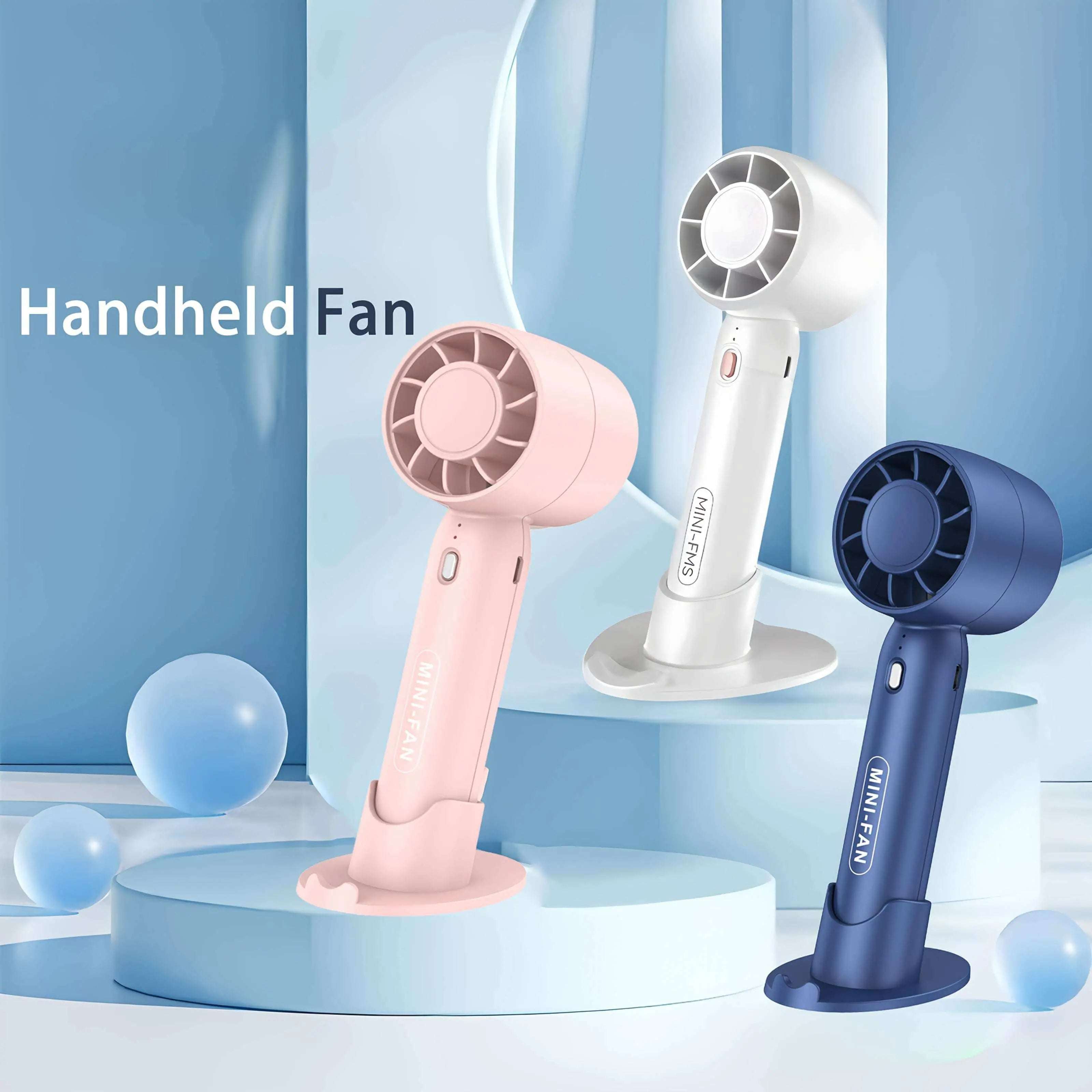 Portable mini fan in pink, white, and blue, with USB rechargeable feature and button control, displayed on a pastel blue background.