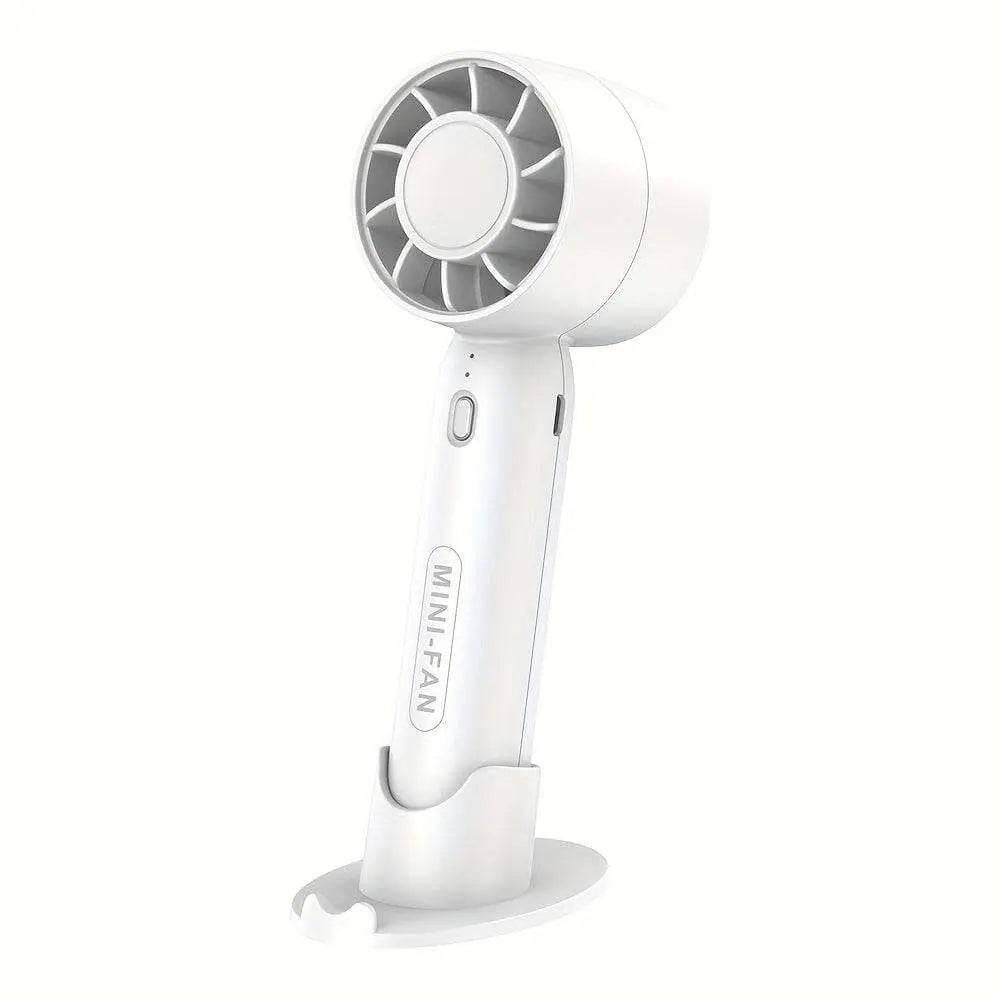 Portable mini fan USB rechargeable with polished finish and button control.