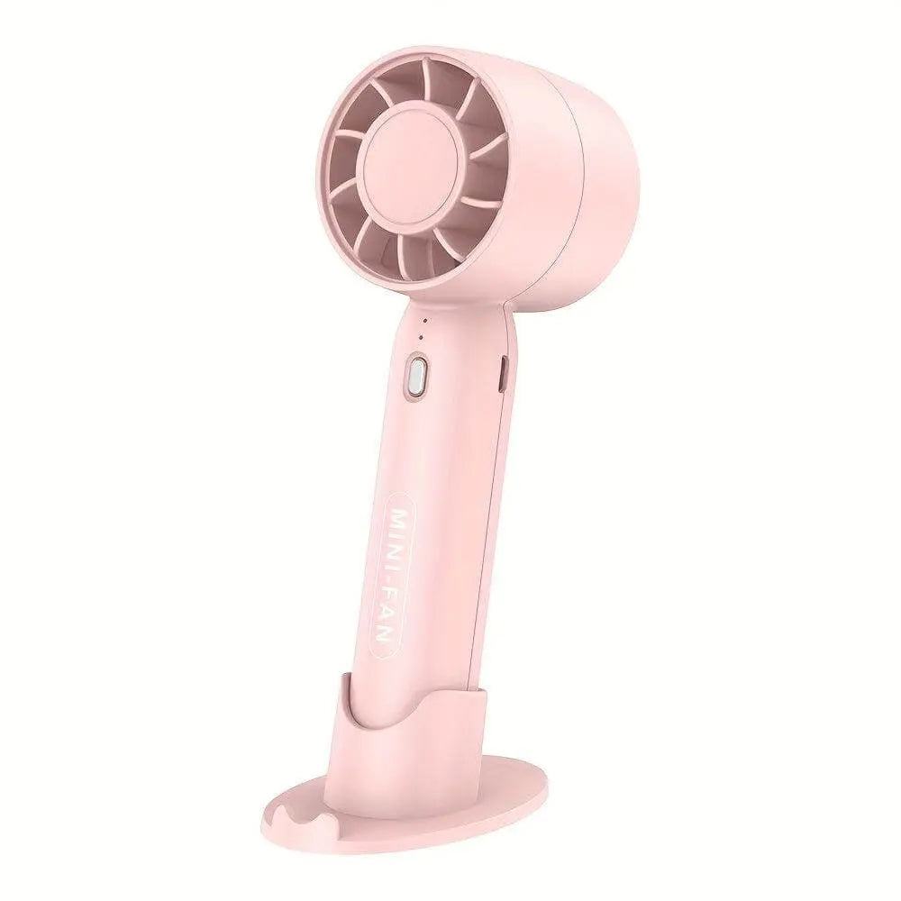 Portable mini fan USB rechargeable with polished finish and button control.