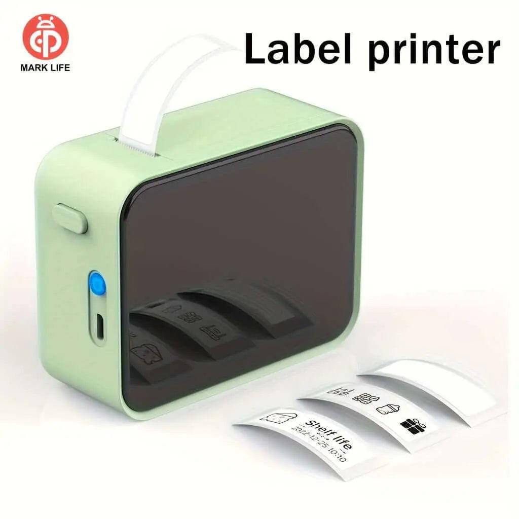 Portable wireless thermal label printer with a compact design and rechargeable battery, ideal for efficient on-the-go printing.