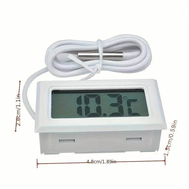 Mini LCD Digital Thermometer with Probe and White Casing, displaying temperature of 10.3°C with measuring tape dimensions shown.