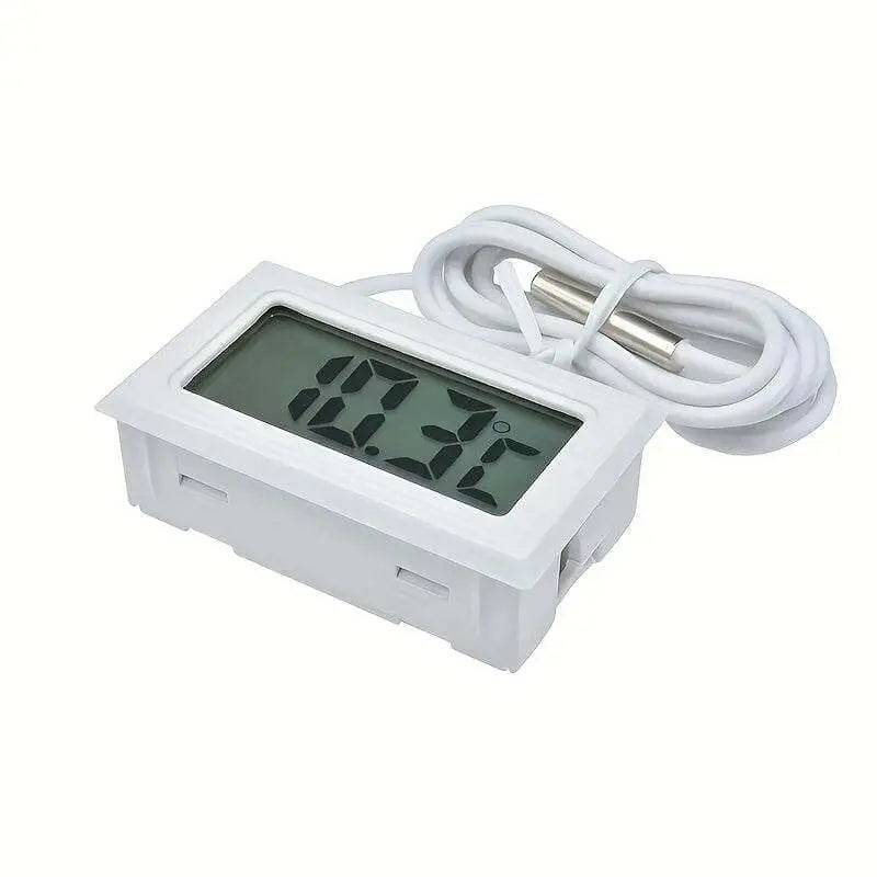 Mini LCD Digital Thermometer with probe displaying temperature, compact and user-friendly design.