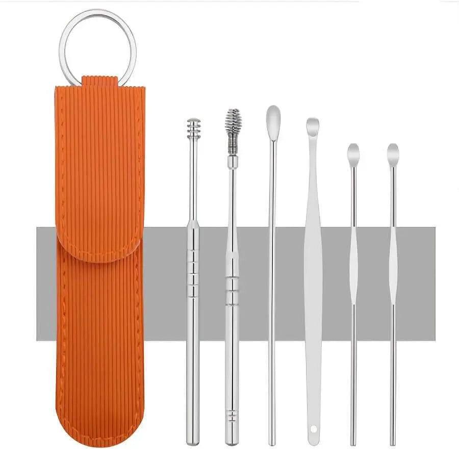 Professional ear cleaning set with stainless steel tools and orange case for effective ear hygiene.