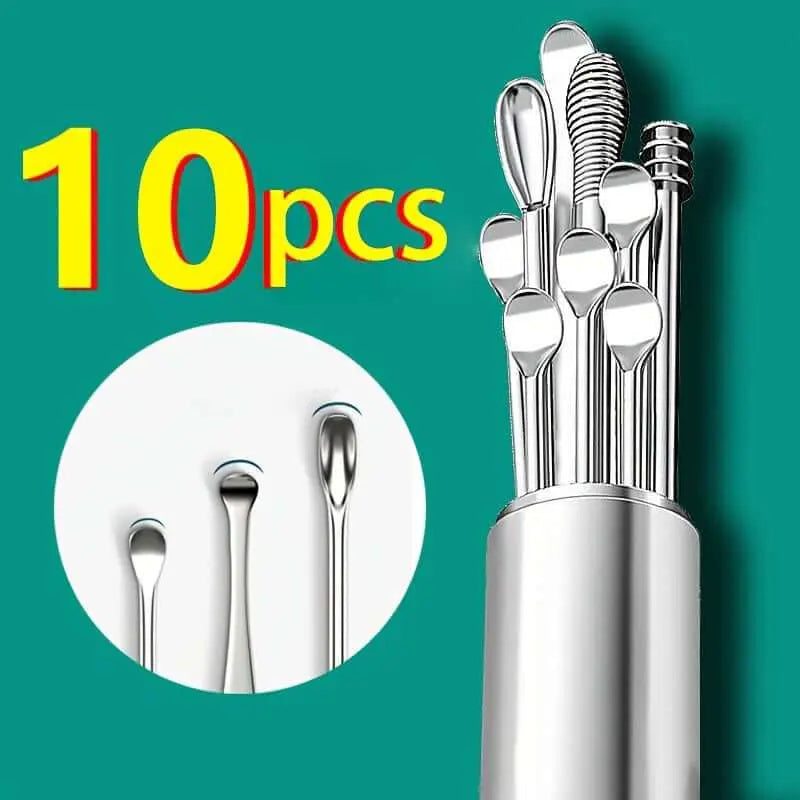 Professional ear cleaning set with 10 stainless steel tools for safe and effective ear hygiene.