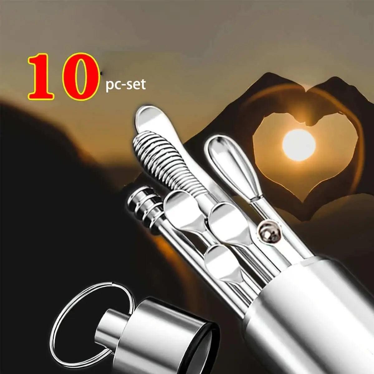 Professional stainless steel ear cleaning set with 10 tools for safe ear hygiene.