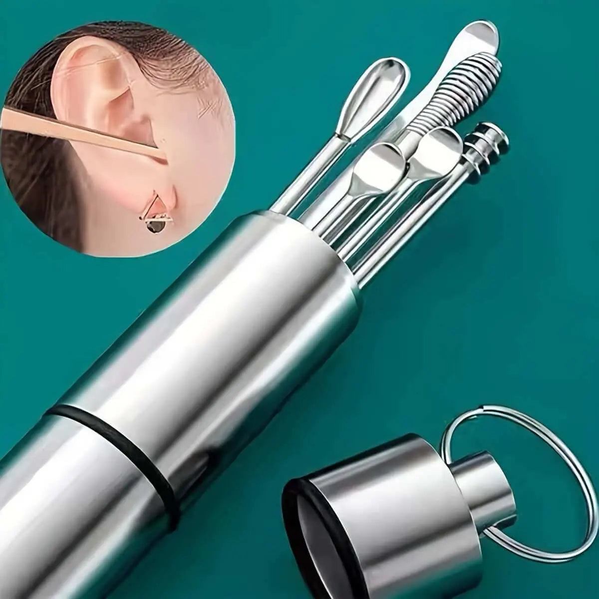 Stainless steel ear cleaning set with 10 tools for safe and effective ear care.