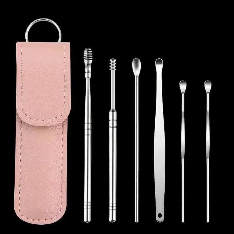 Ear cleaning set with 10 stainless steel tools and pink case.