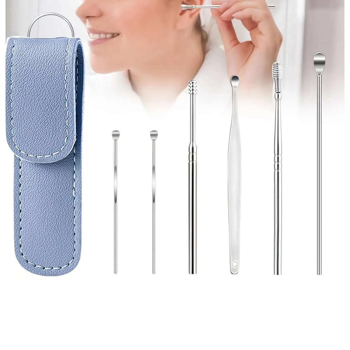 Professional ear cleaning set with 10 stainless steel tools and blue carrying case for safe ear hygiene.