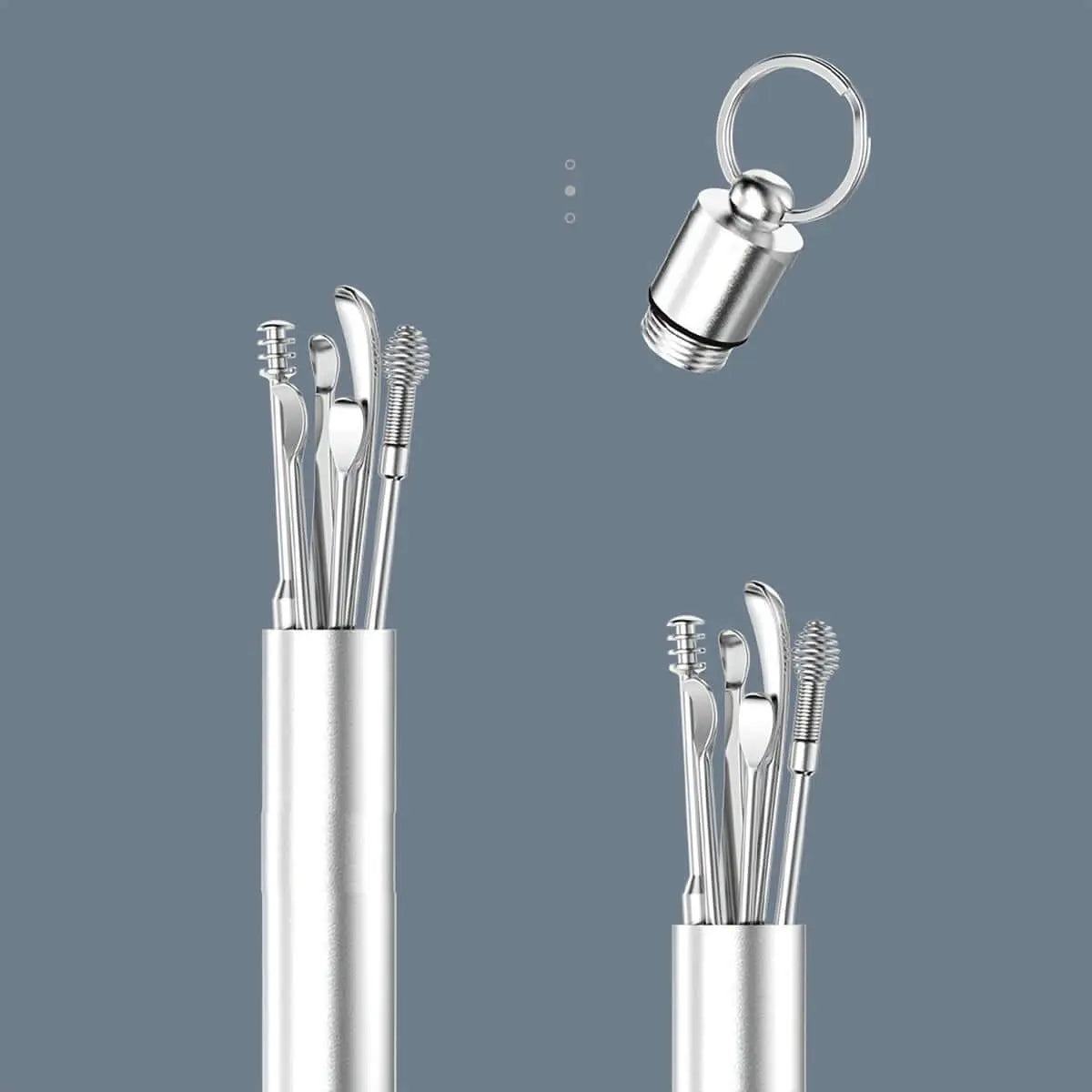 Stainless steel ear cleaning tools set with keyring container, 10 pieces, for safe and effective ear hygiene.