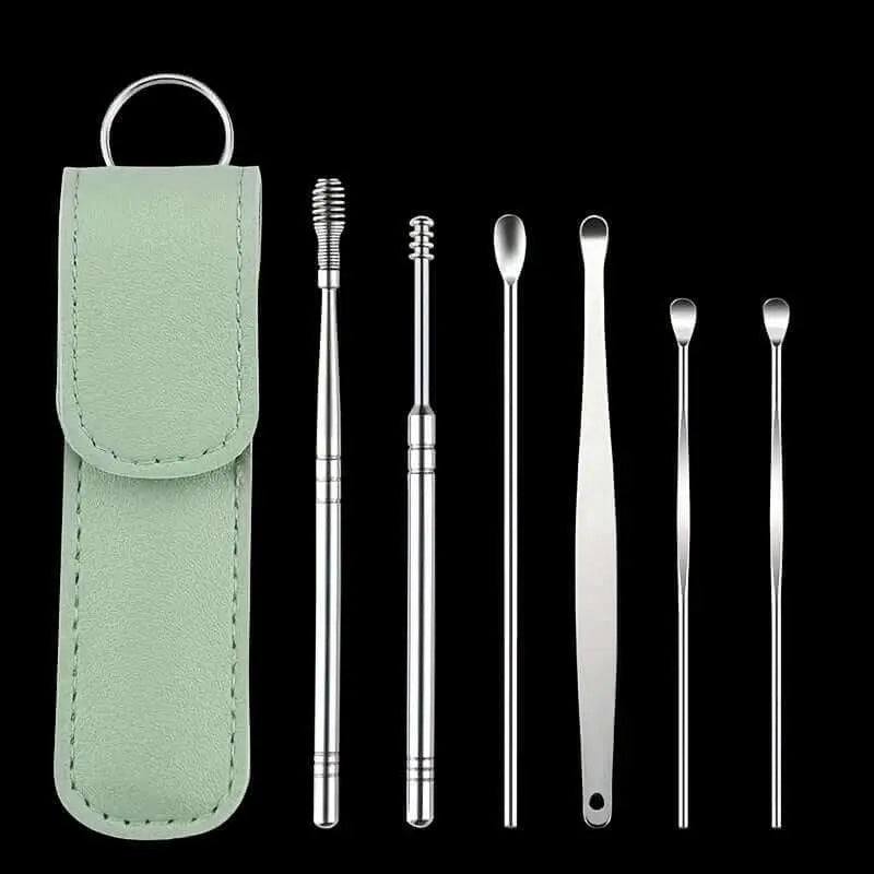 Stainless steel ear cleaning tools set with carrying case for safe ear hygiene.