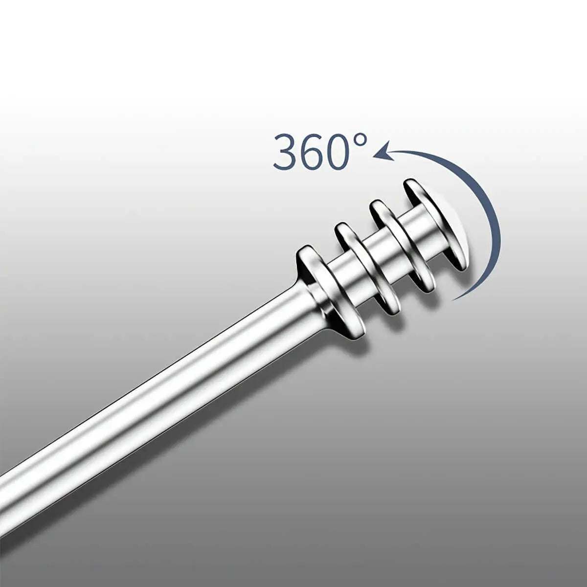 Stainless steel ear cleaning tool showcasing 360-degree rotation feature.