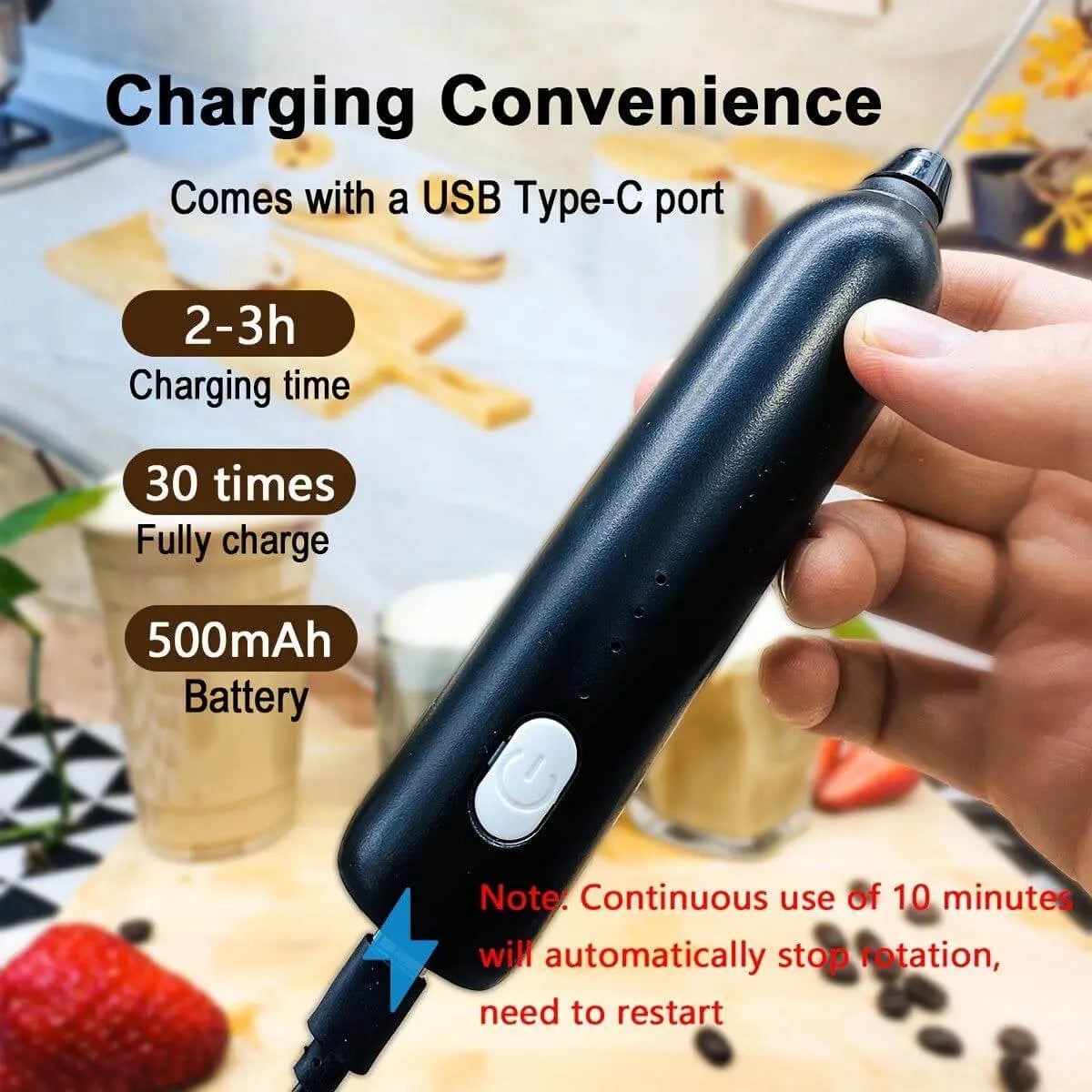 Handheld electric blender with USB charging, featuring 500mAh battery and sleek black design.