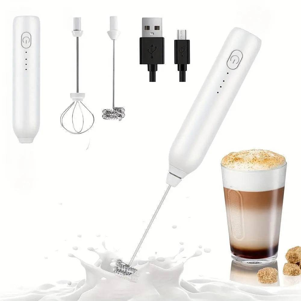 Handheld electric blender with USB charging, attachments, and a cup of frothed coffee.