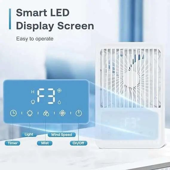 Portable air conditioner with smart LED display screen for personal use.