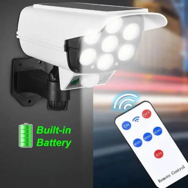 Solar-powered LED spotlight with motion sensor, featuring remote control and built-in solar battery.