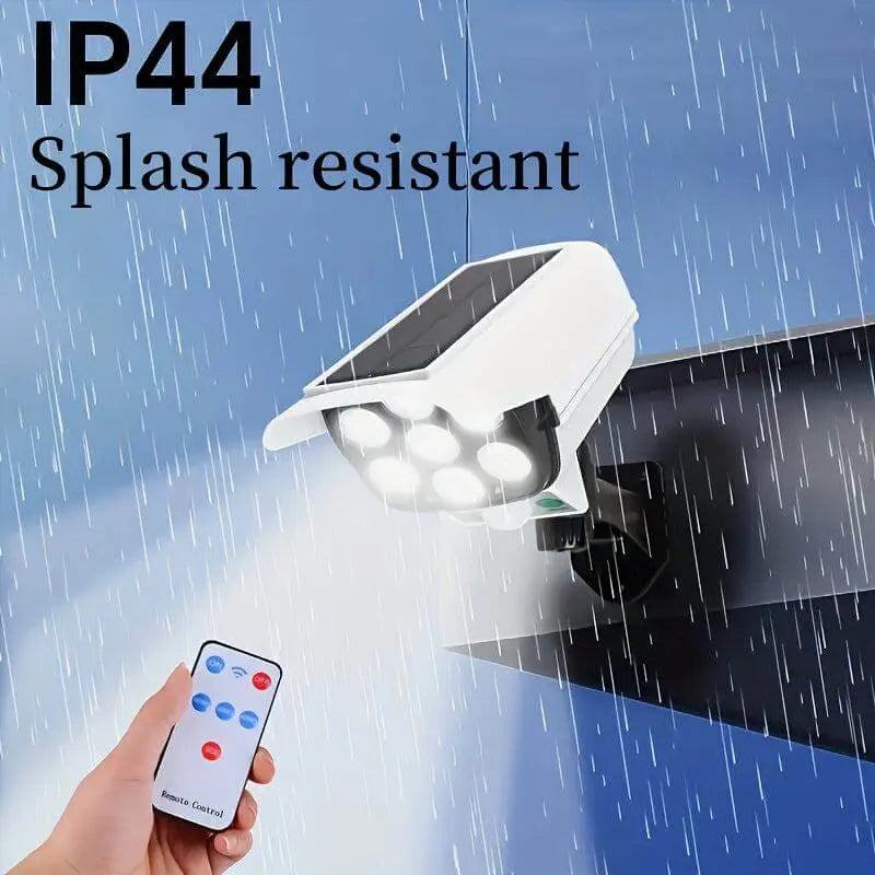 IP44 splash-resistant solar-powered LED spotlight with motion sensor and remote control.