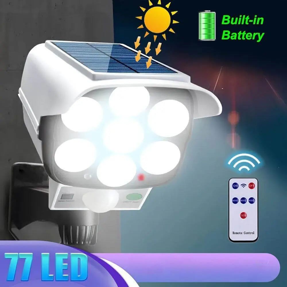 Solar-powered LED spotlight with motion sensor and remote control.