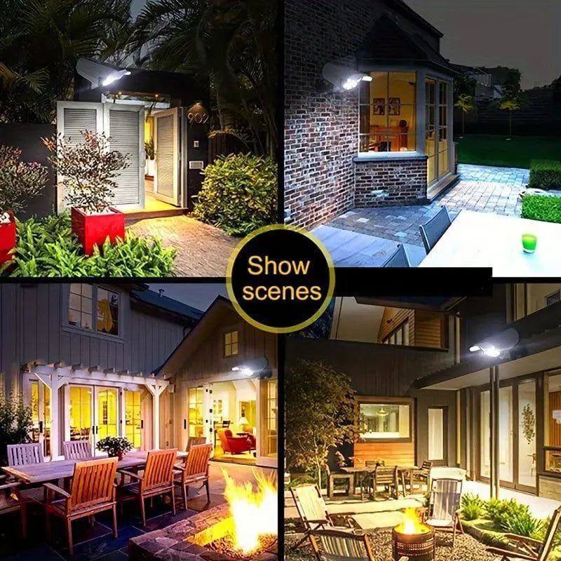Solar-powered LED spotlight illuminates various outdoor settings with motion sensor activation.