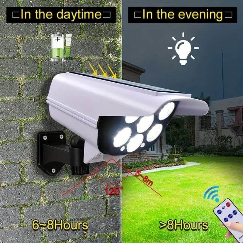 Solar-powered LED spotlight with motion sensor and remote control, mounted on a wall, illustrating day and night functionality.