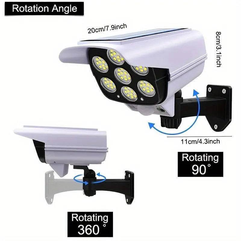 Solar-powered LED spotlight with motion sensor showing adjustable rotation angles and flush mount design.