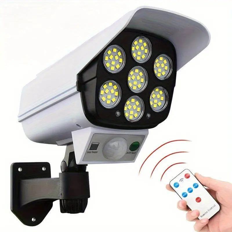 Solar-powered LED spotlight with motion sensor and remote control.