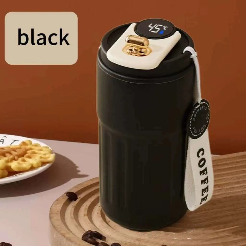Stainless steel insulated coffee cup with digital display, matte black finish, and button battery operation.