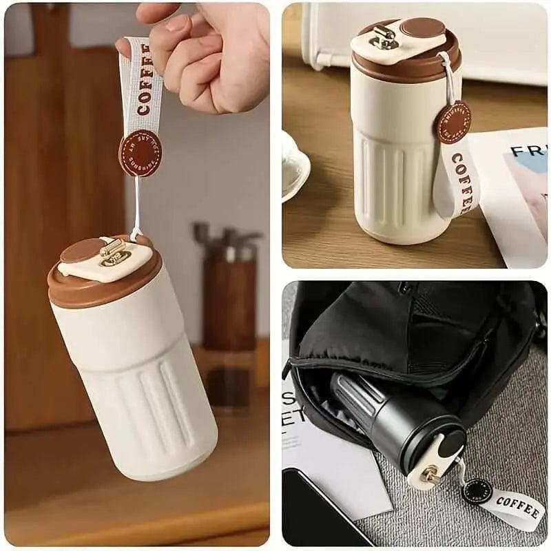Stainless Steel Insulated Coffee Cup with digital display, button battery, and matte finish.