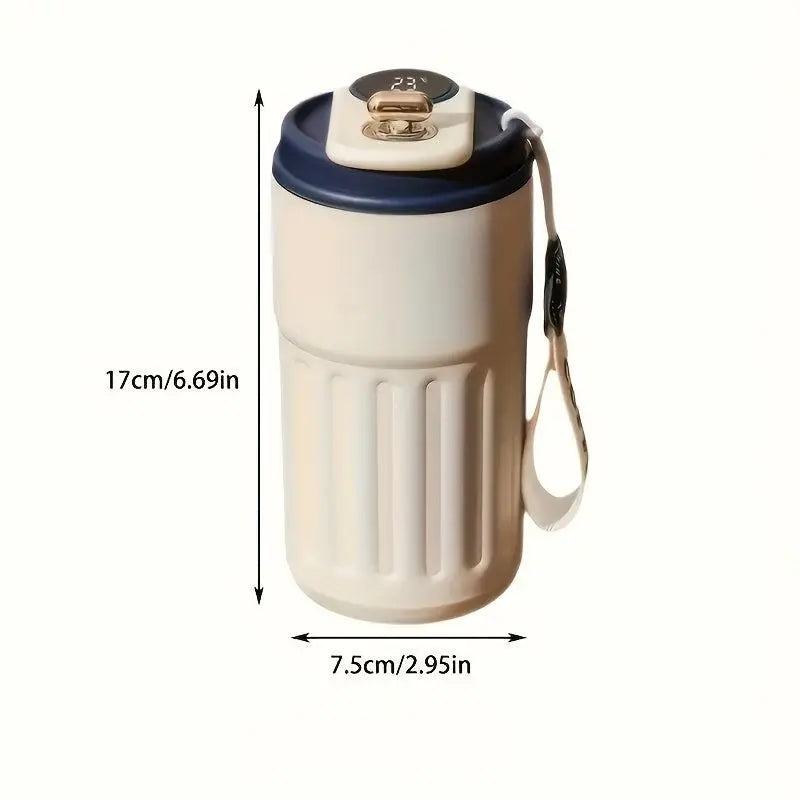 Stainless Steel Insulated Coffee Cup with digital display and button battery, matte finish, 17cm tall.
