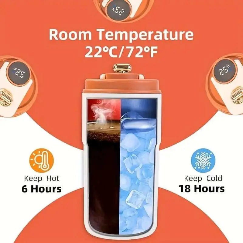 Stainless Steel Insulated Coffee Cup with digital display, keeps drinks hot for 6 hours and cold for 18 hours.