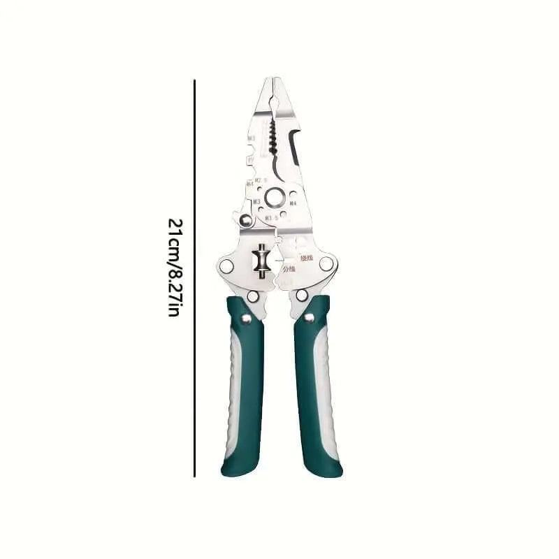 Stainless steel multi-functional wire cutter and stripping pliers with ergonomic design, 21cm length.