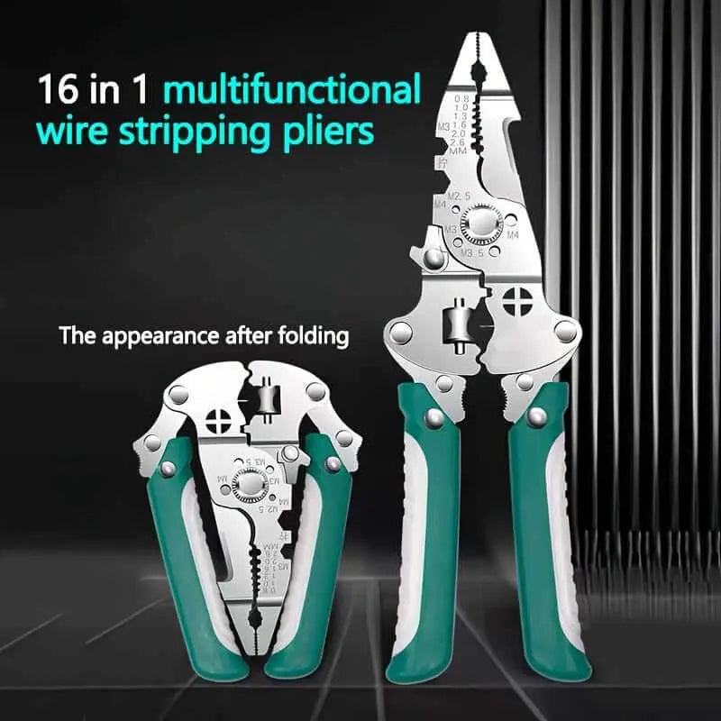 16-in-1 stainless steel wire cutter and stripping pliers with ergonomic design.