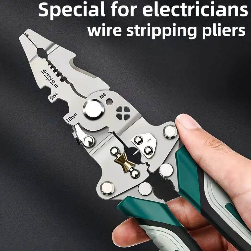 Stainless steel wire cutter and stripping pliers tool for electricians.