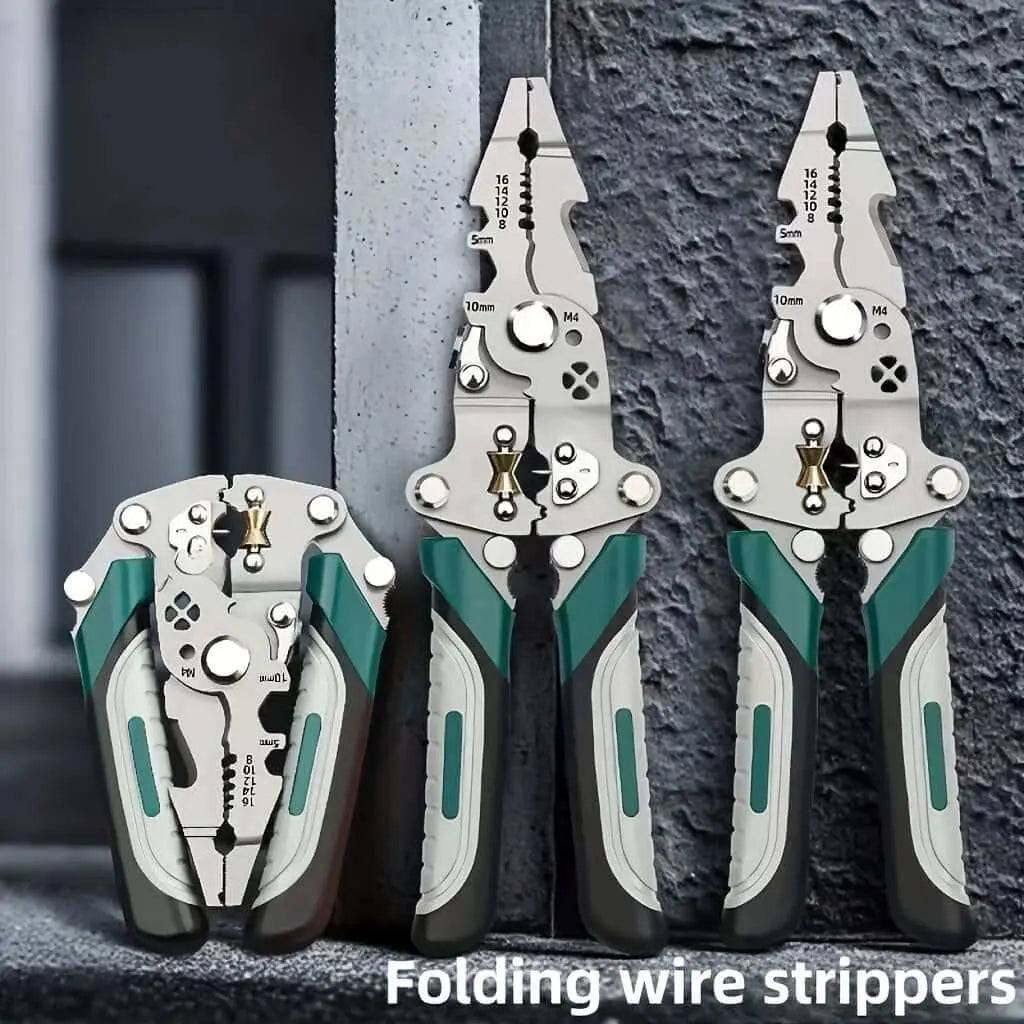 Stainless Steel Multi-Functional Wire Cutter Stripping Pliers Tool with ergonomic handles on display.