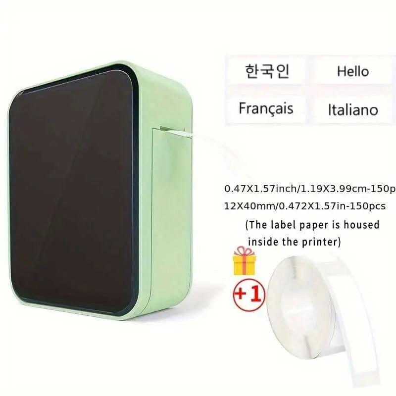 Portable thermal label printer with wireless functionality, compact design, rechargeable battery, and dual-use capability.