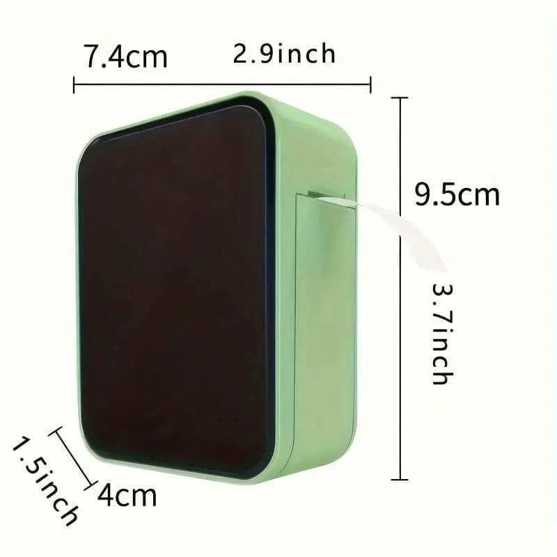 Portable wireless thermal label printer with compact design and dimensions.