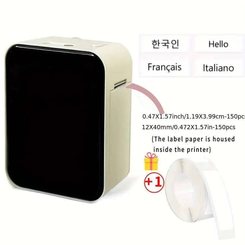 Portable wireless thermal label printer with multilingual display and compact design.