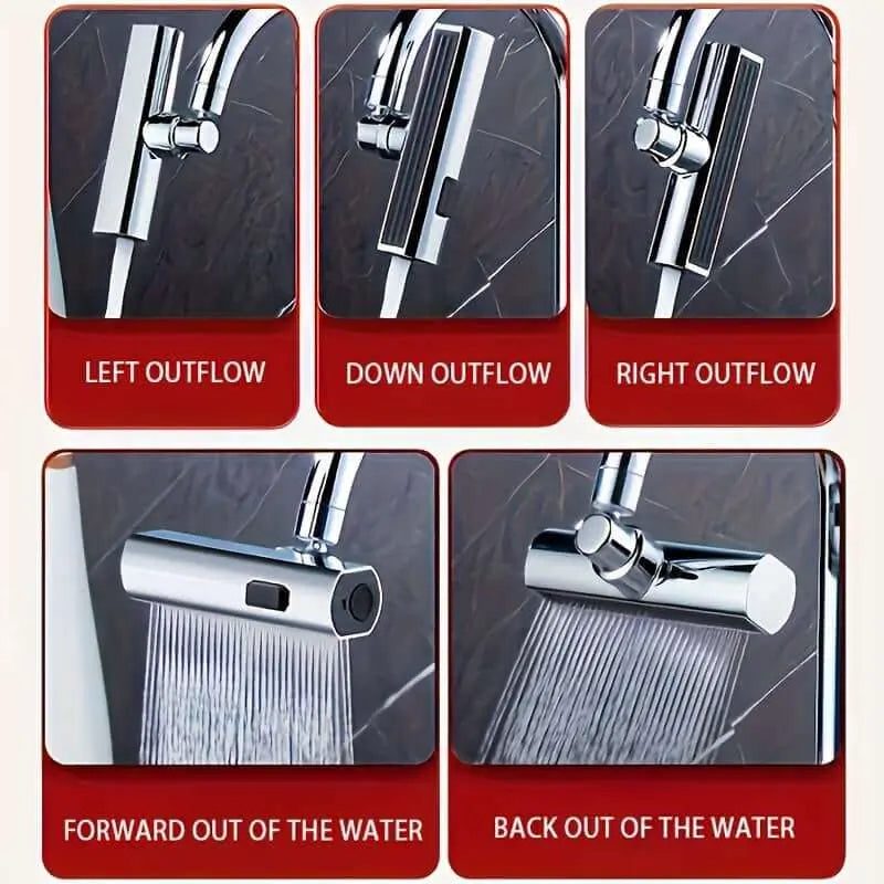 Three-Mode Water Shower with left, right, and down outflow modes for kitchen and bathroom sinks.
