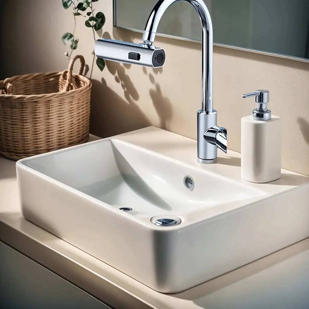 Three-mode water shower faucet on a modern bathroom sink.