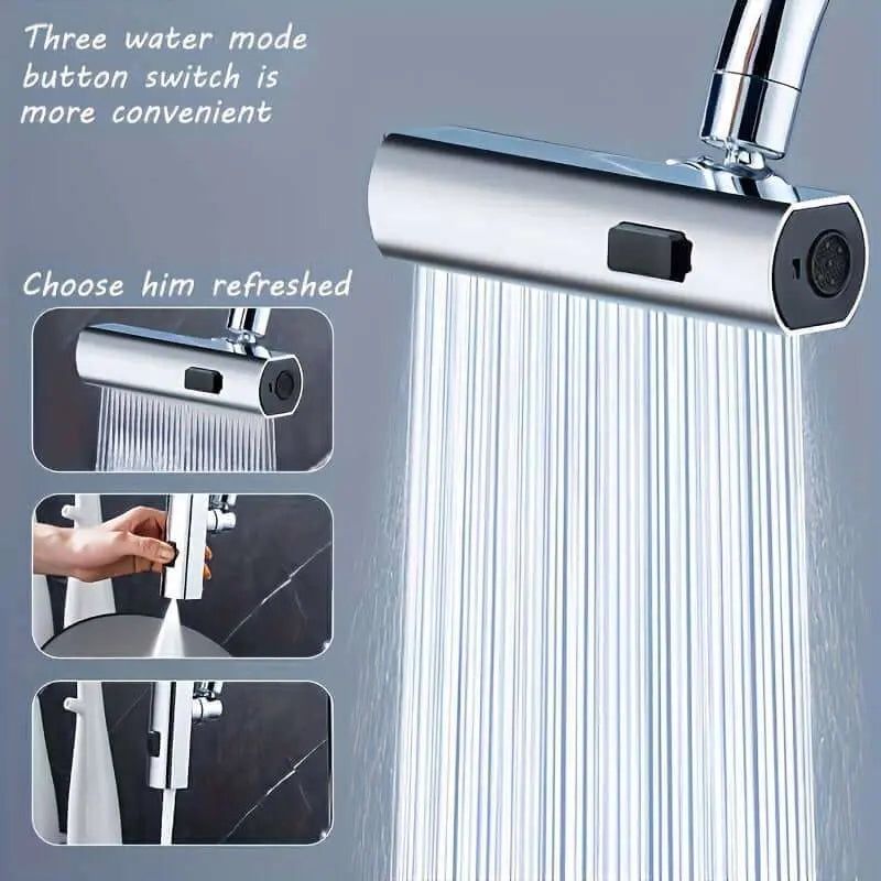 Three-mode water shower for kitchen and bathroom sinks with spray, stream, and pause settings.