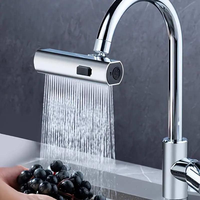 Three-Mode Water Shower in use with modern kitchen faucet, demonstrating spray mode.