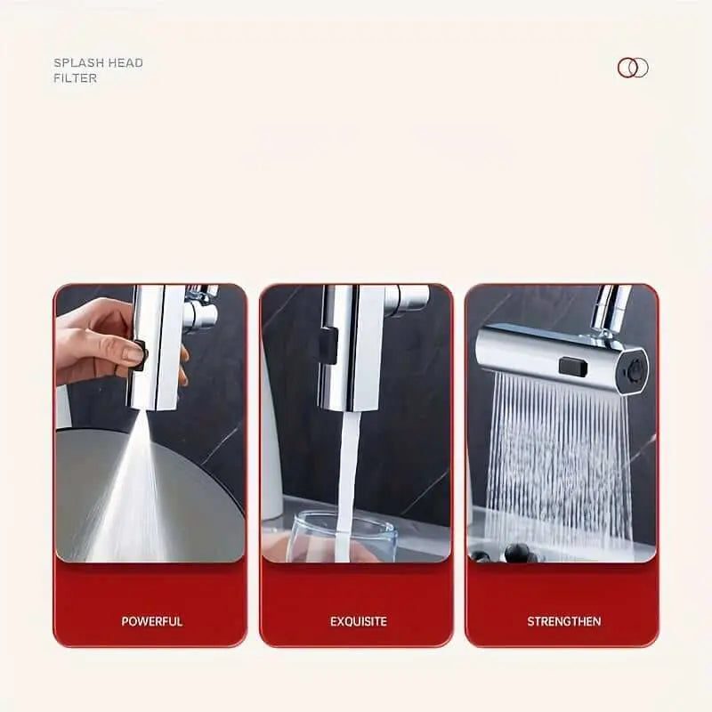 Three-mode water shower for kitchen and bathroom with spray, stream, and pause settings.