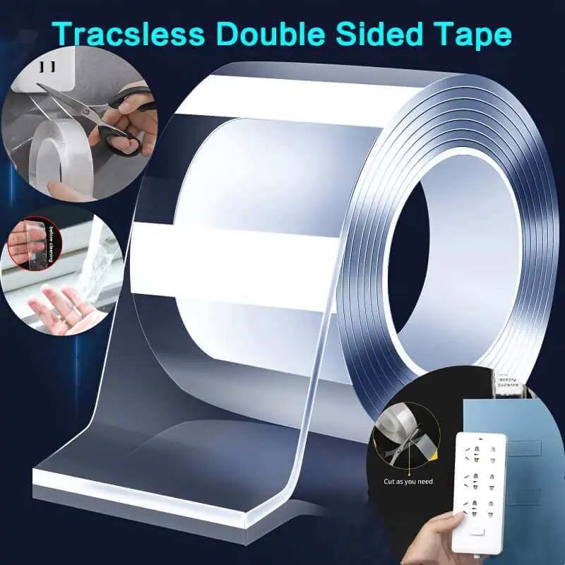 Nano Double-Sided Tape for secure mounting and organizing, sticks to glass, wood, metal, and tile.