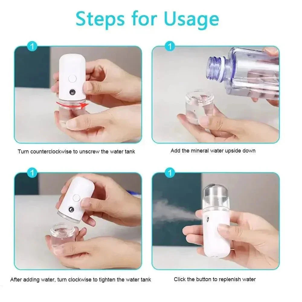 Steps to use USB Facial Sprayer: unscrew and fill water, tighten, press button to mist.