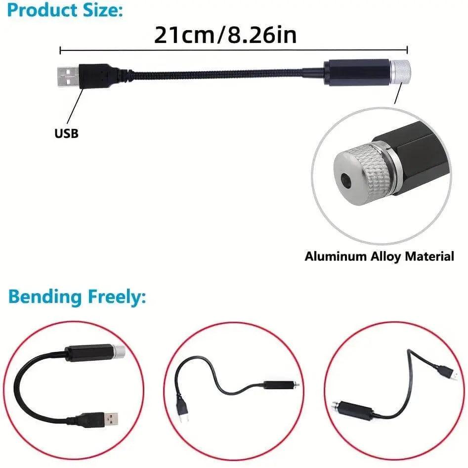 USB star projector night light, portable aluminum alloy design, 21cm length, flexible USB connection.